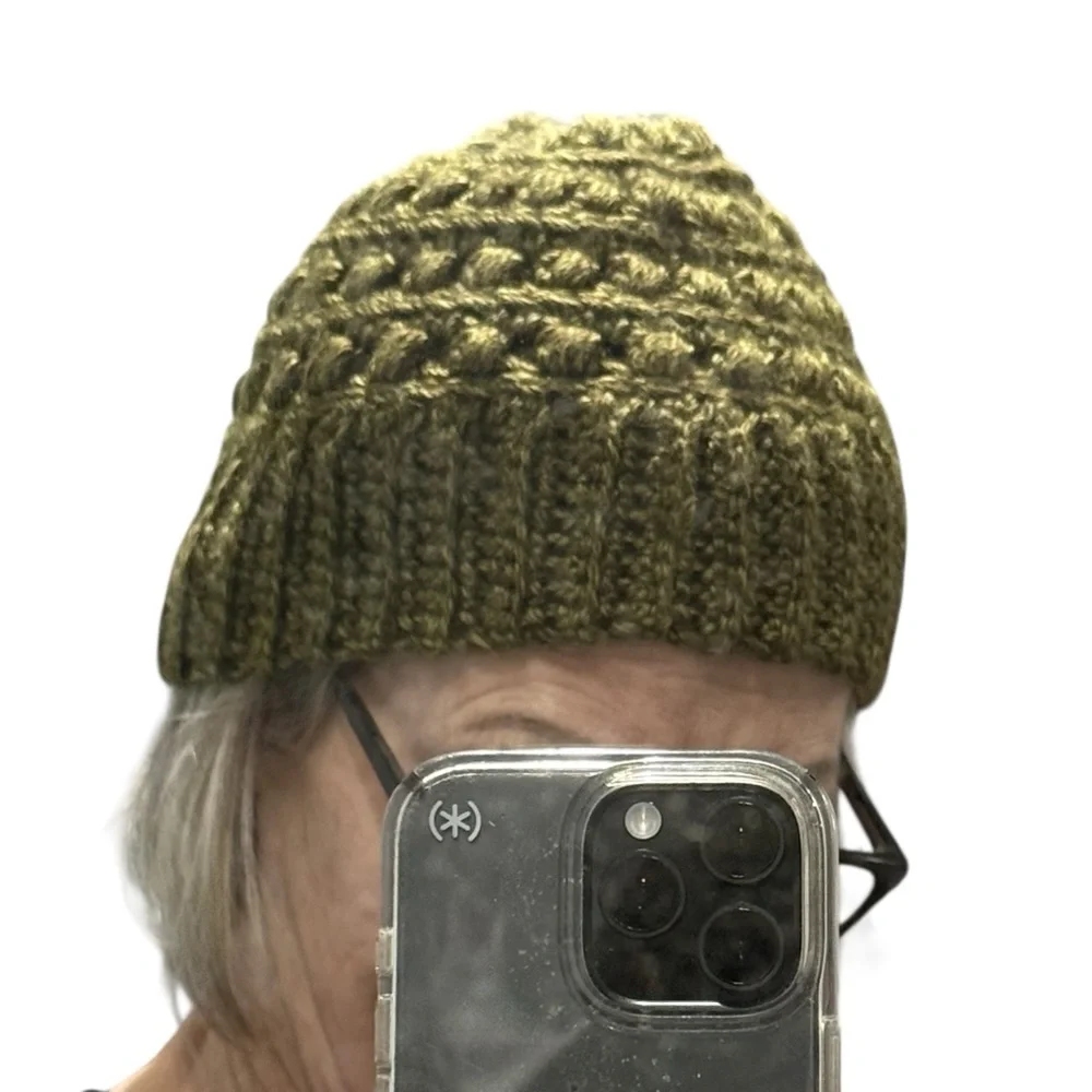 Chunky Crochet Knit Green Beanie Cottagecore Natural